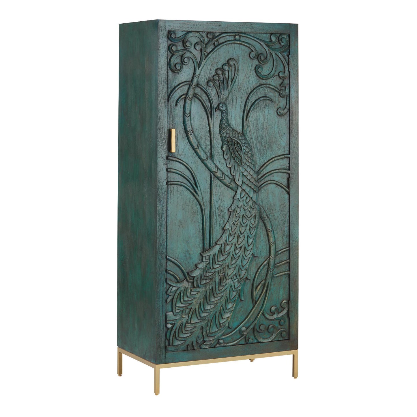 Peacock Carved Teal Cabinet