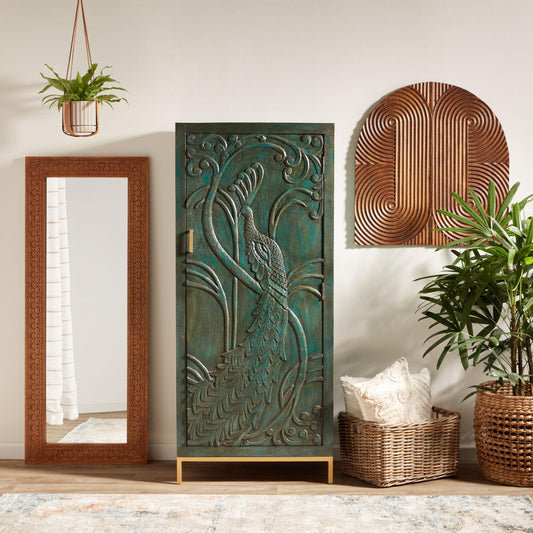 Peacock Carved Teal Cabinet